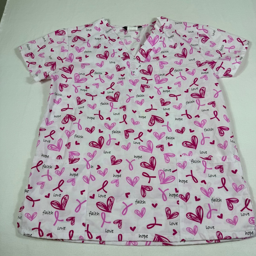 Cassandra O Scrub Top S White Pink Breast Cancer Awareness Faith Hope Love Heart